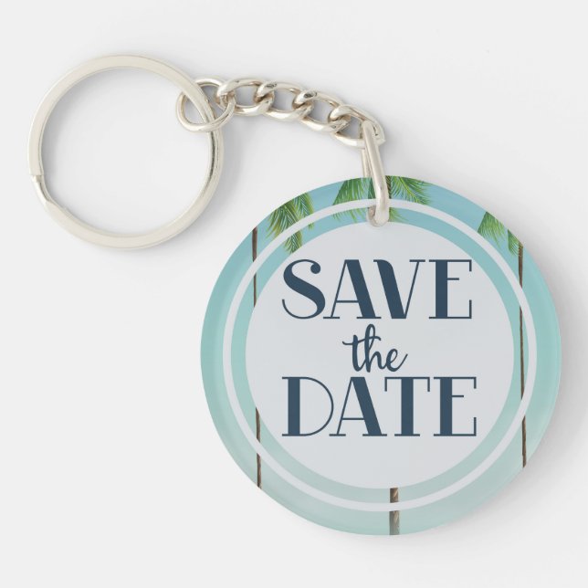 Save The Date Vintage Tropical Palms Key Ring (Front)