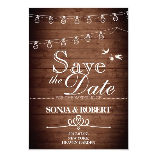 Save the Date - Vintage Wood, Doves, Light String Card