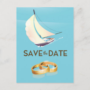 Save the Date vintage yacht and wedding rings Postcard