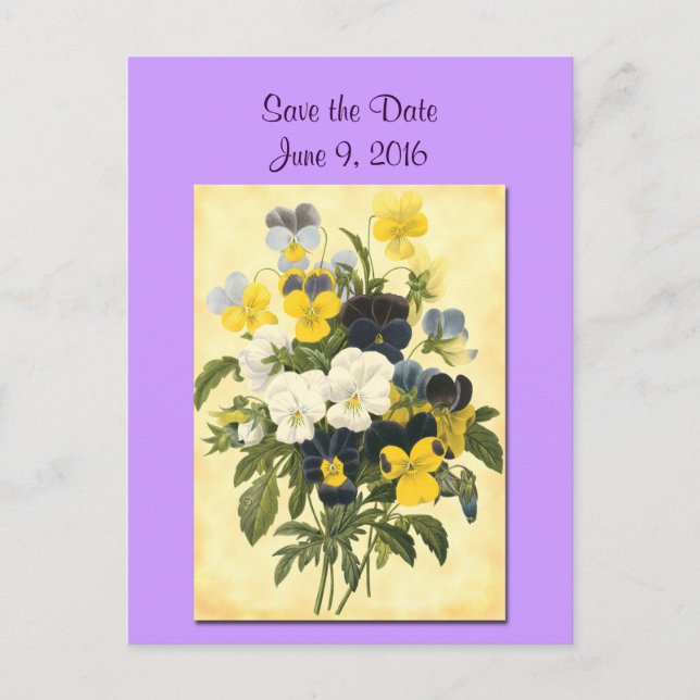 Save the Date Violets and Pansy Postcard (Front)