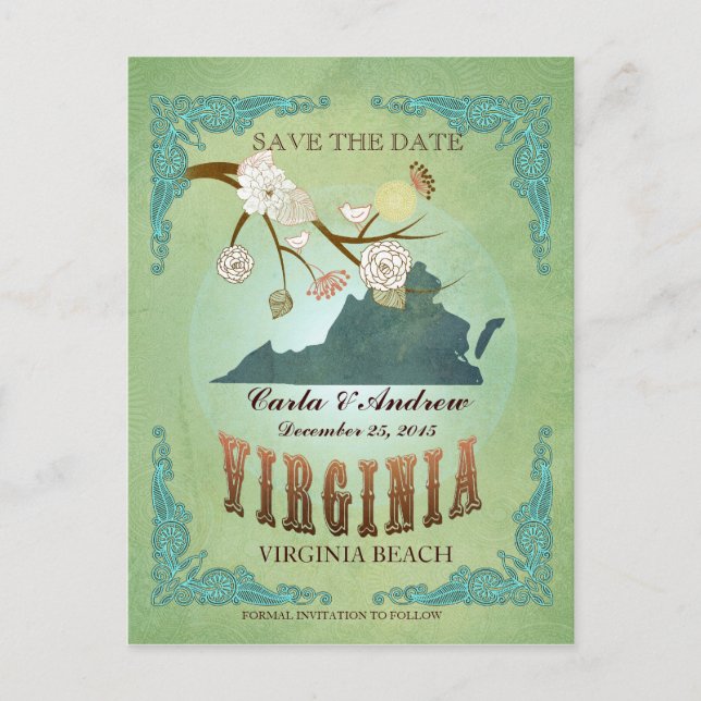 Save The Date - Virginia Map With Lovely Birds Announcement Postcard (Front)
