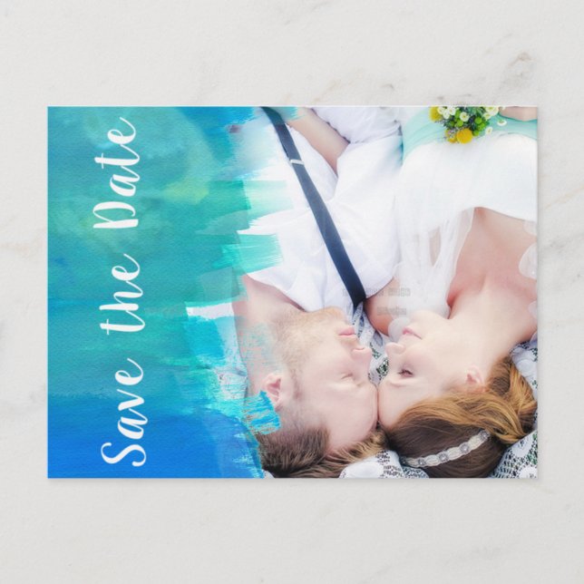 SAVE THE DATE Watercolor Blue Photo Postcard (Front)