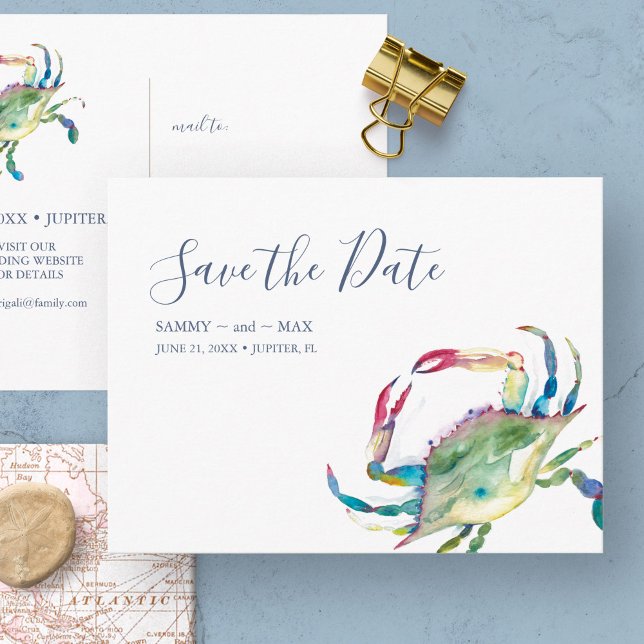 Save The Date Watercolor Crab Postcard (non photo wedding save the date invitations feature watercolor crab art by Victoria Grigaliunas)