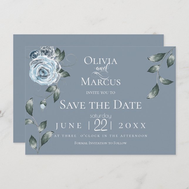 SAVE THE DATE | Watercolor Dusty Blue Floral Invitation (Front/Back)