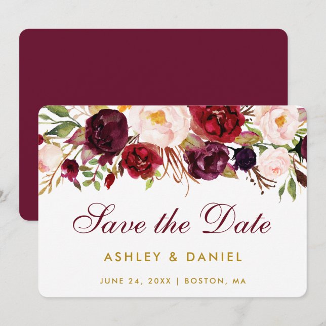 Save The Date Watercolor Floral Burgundy Gold BB (Front/Back)