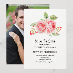 Save the Date. Watercolor Floral Wedding Photo Invitation