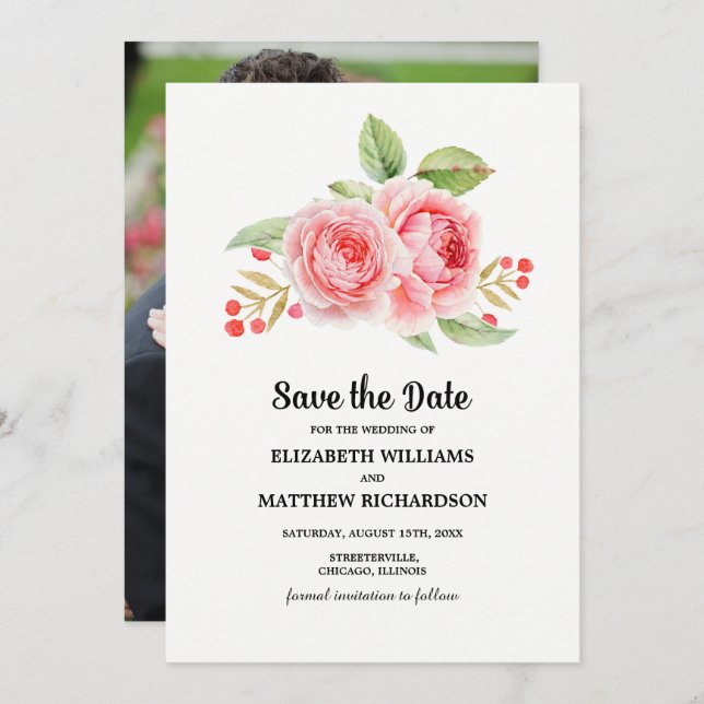 Save the Date. Watercolor Floral Wedding Photo  Invitation (Front/Back)