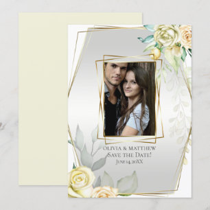 Save the Date Watercolor Ivory Yellow Blush Rose Invitation
