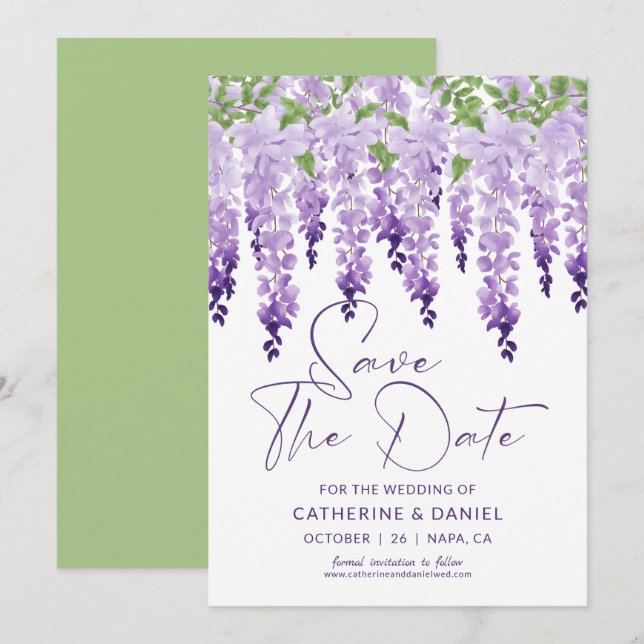 Save The Date Watercolor Wisteria Lilac Wedding (Front/Back)