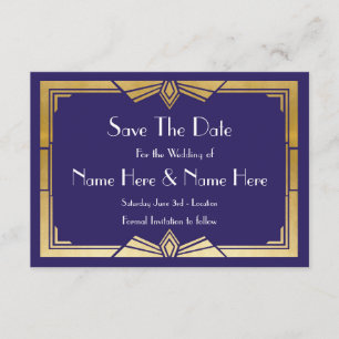Save The Date Wedding 1920's Navy Gold Invites