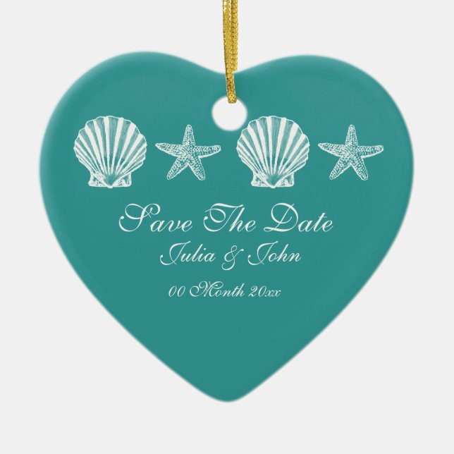 Save The Date wedding beach theme announcement Ceramic Tree Decoration (Front)