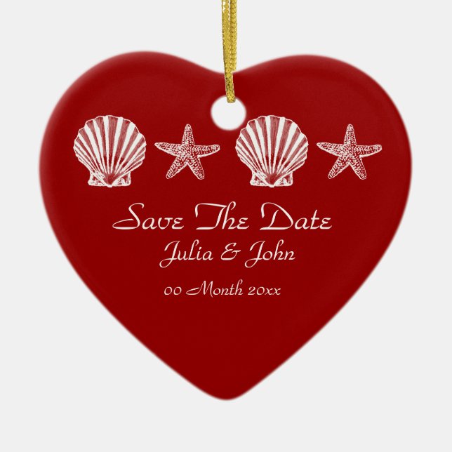 Save The Date wedding beach theme announcement Ceramic Tree Decoration (Front)