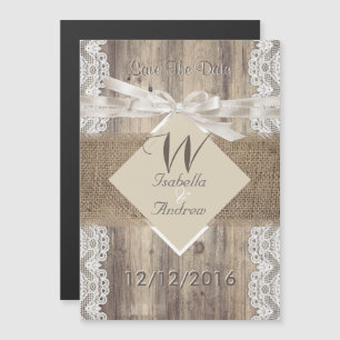 Save The Date Wedding Beige White Lace Wood Burlap Magnetic Invitation