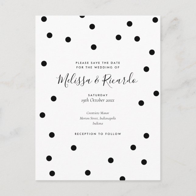 Save the Date Wedding Black and White Polka Dots Postcard (Front)