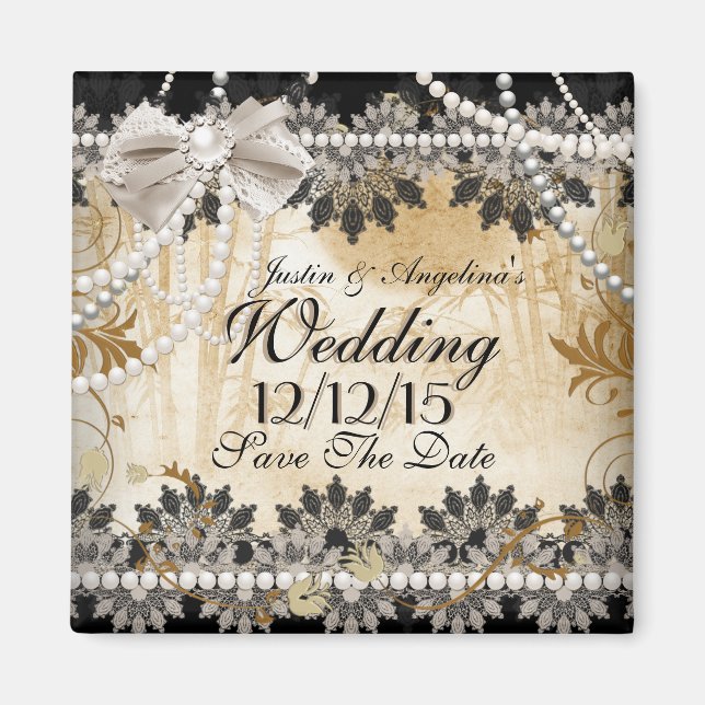 Save The Date Wedding Black Cream Beige Magnet (Front)