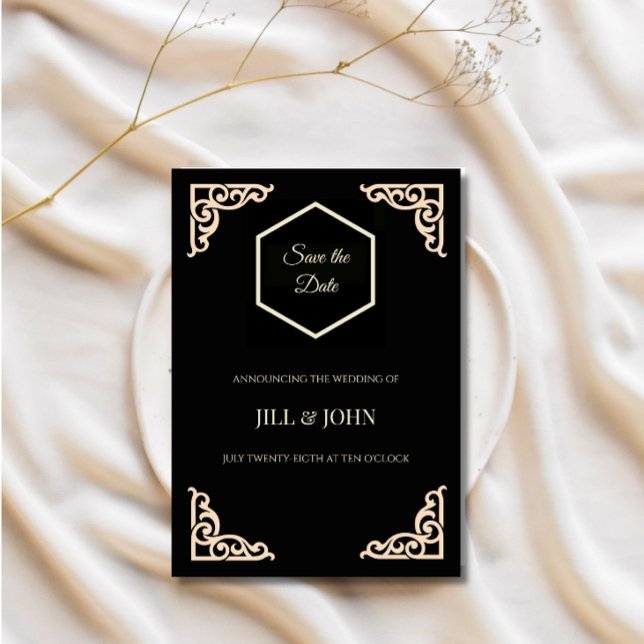 Save the Date Wedding Black Gold Hexagon Art Deco  (Creator Uploaded)
