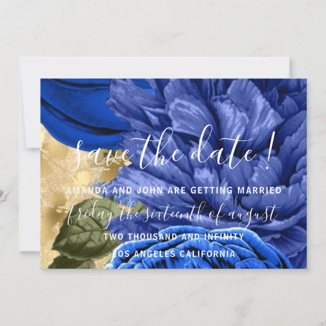 Save The Date Wedding Bride Floral Gold Blue (Front)