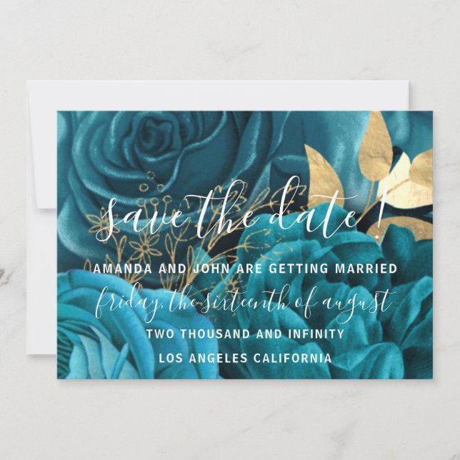 Save The Date Wedding Bride Floral Gold Blue Aqua (Front)