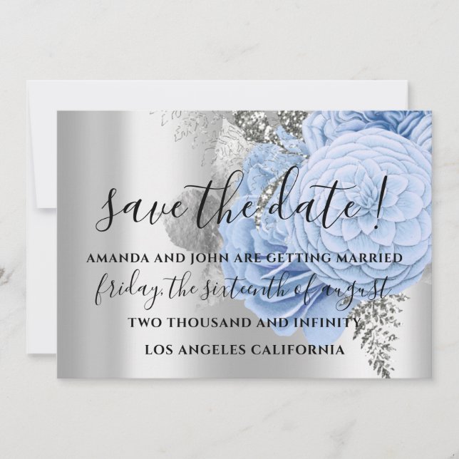 Save The Date Wedding Bride Roses Silver Blue (Front)