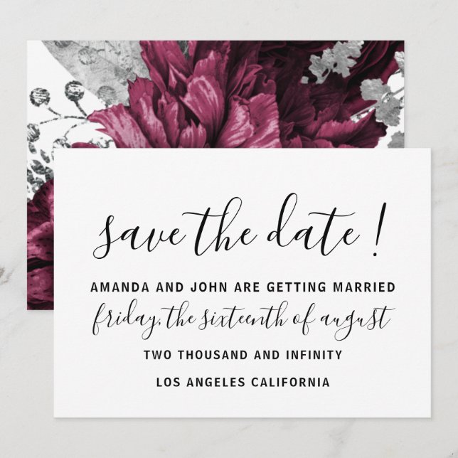 Save The Date Wedding Bride Roses White Burgundy  (Front/Back)