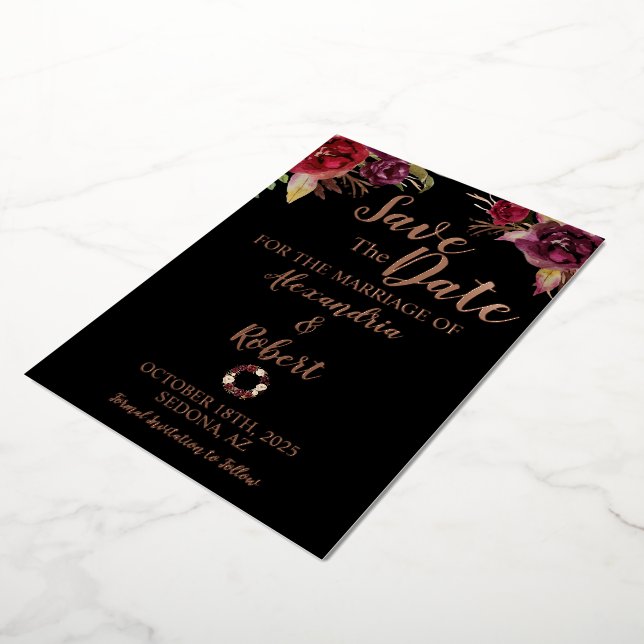 Save the Date Wedding Burgundy Flowers Rose Gold (Rotated)