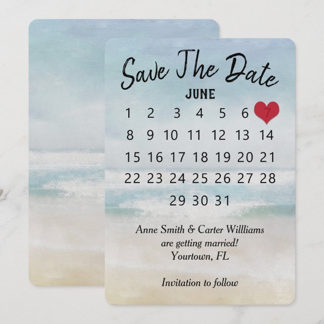 Save the Date Wedding Calendar Ocean Beach Invitation (Front/Back)