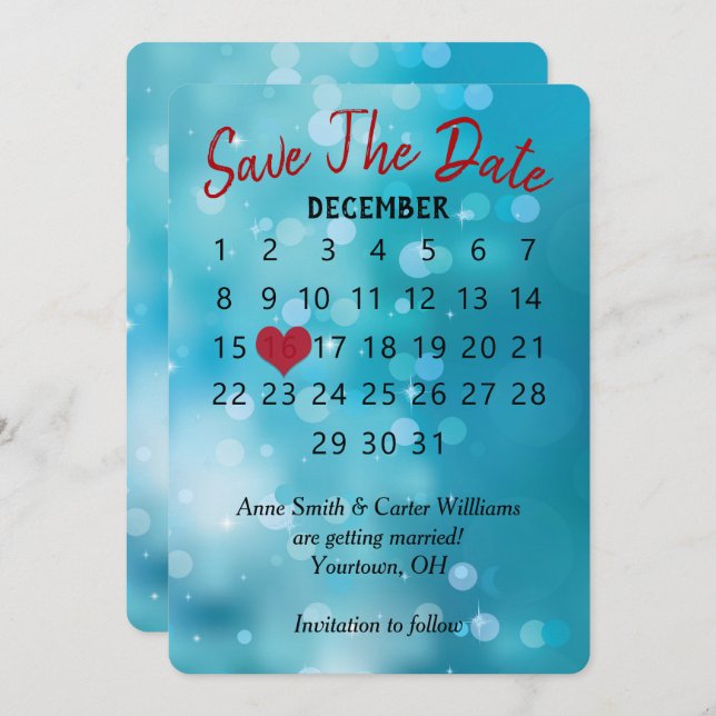 Save the Date Wedding Calendar on Aqua Bokeh Invitation (Front/Back)