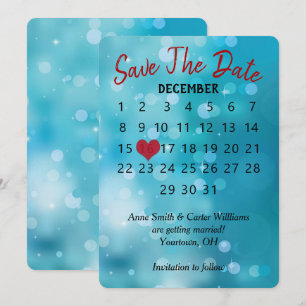 Save the Date Wedding Calendar on Aqua Bokeh Invitation