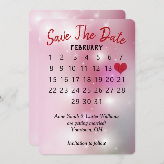 Save the Date Wedding Calendar on Pink Bokeh Invitation (Front/Back)