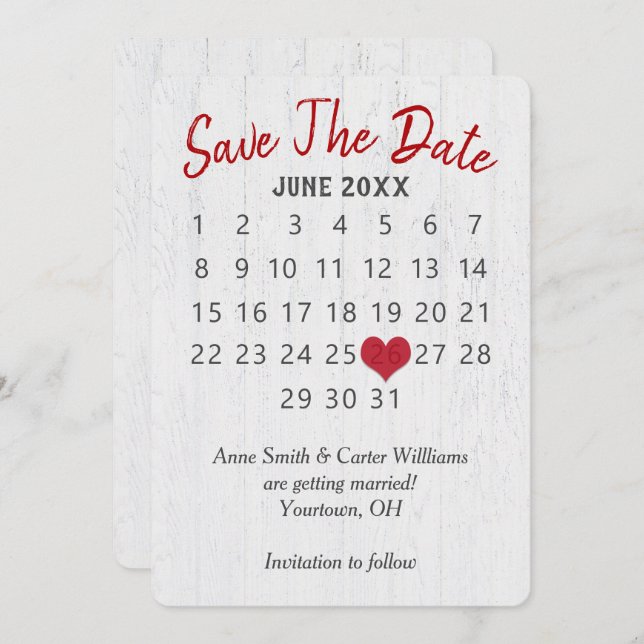 Save the Date Wedding Calendar on Wood Invitation (Front/Back)