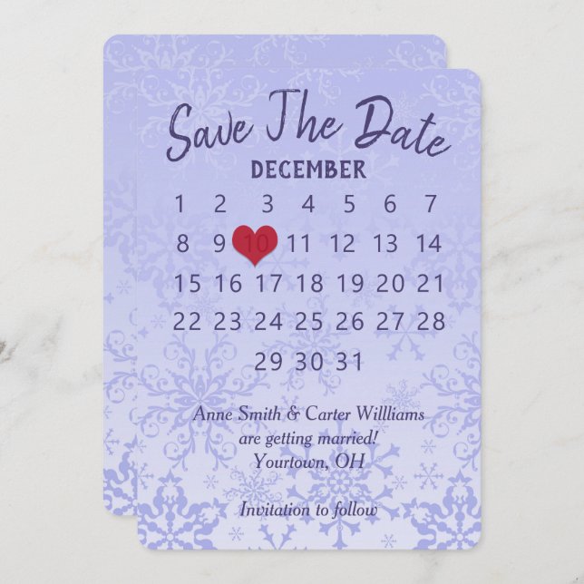 Save the Date Wedding Calendar Purple Snowflakes Invitation (Front/Back)