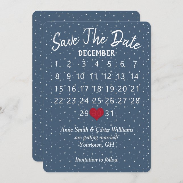 Save the Date Wedding Calendar Star Snowflakes Invitation (Front/Back)
