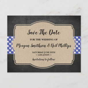Save The Date Wedding Card Blue Gingham Burlap BBQ