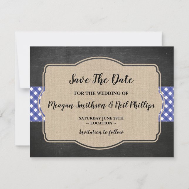 Save The Date Wedding Card Blue Gingham Burlap BBQ (Front)
