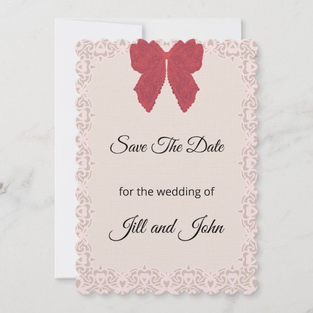 Save The Date Wedding Card Lace Bow (Front)