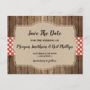 Save The Date Wedding Card Red Gingham Burlap BBQ