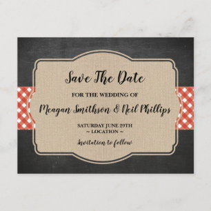 Save The Date Wedding Card Red Gingham Burlap BBQ