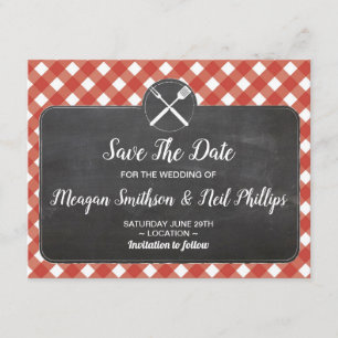 Save The Date Wedding Card Red Gingham Chalk BBQ