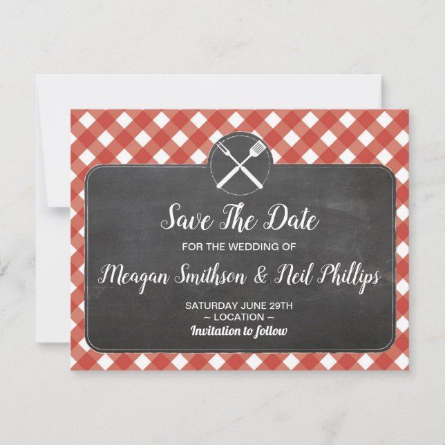 Save The Date Wedding Card Red Gingham Chalk BBQ (Front)