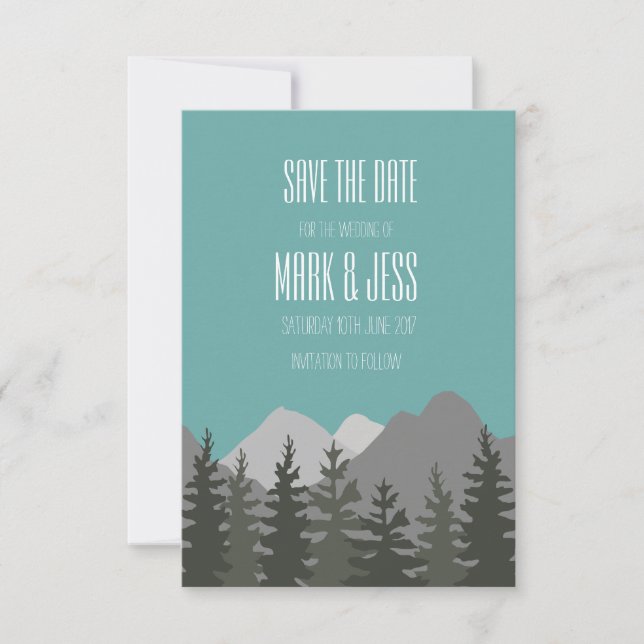 Save the Date Wedding Card Trees and Mountains (Front)