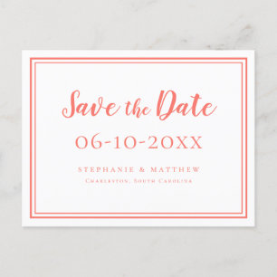 Save The Date Wedding Coral White Simple Modern Announcement Postcard