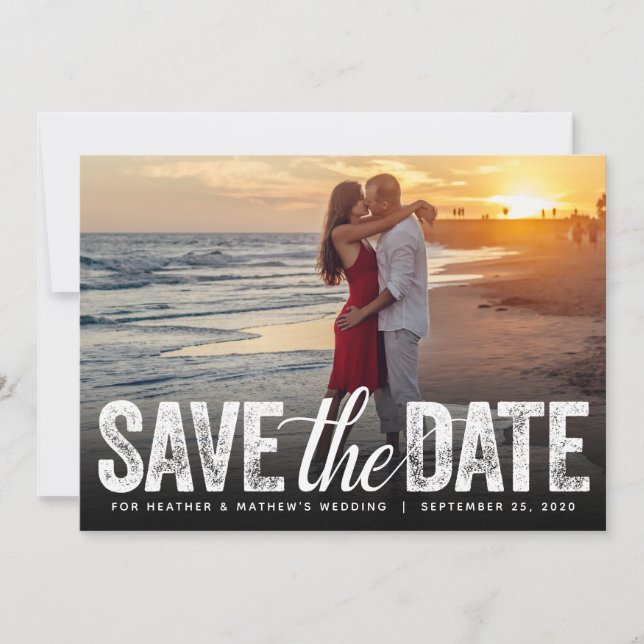 Save The Date Wedding Distressed Script Photocard Invitation (Front)