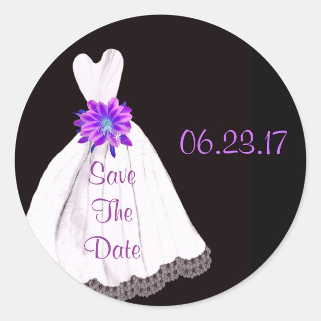 Save the Date - Wedding Dress with PURPLE Bouquet Classic Round Sticker (Front)