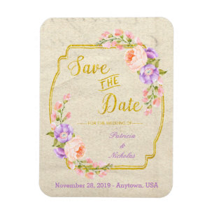 Save the Date Wedding Floral and Gold Magnet
