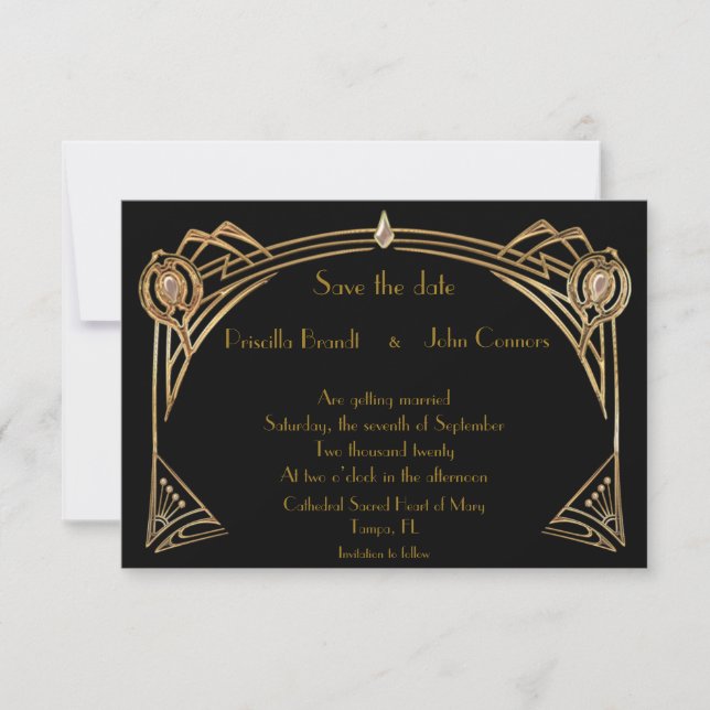 Save the Date Wedding, great-Gatsby, black & gold Invitation (Front)