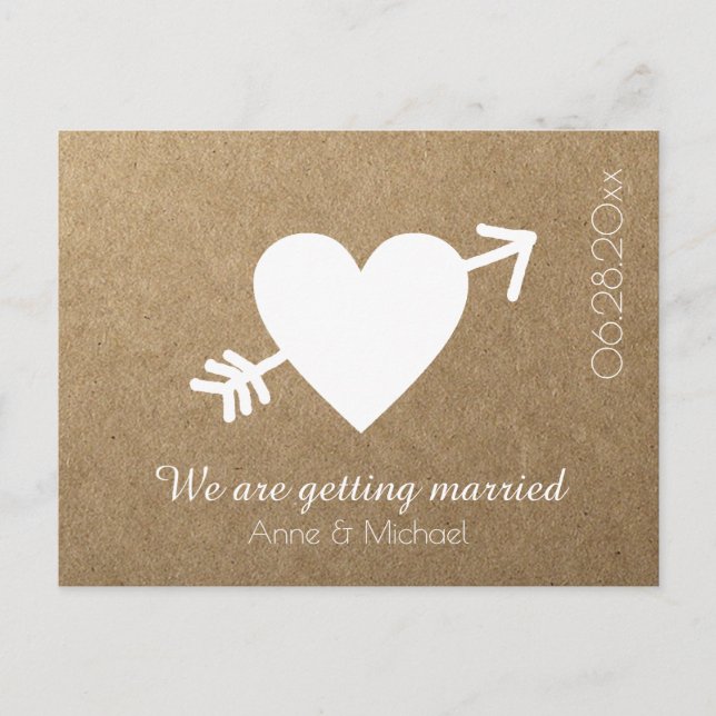 save-the-date wedding heart with arrow faux kraft announcement postcard (Front)