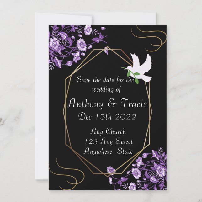 Save The Date Wedding Invitation Black & Purple (Front)