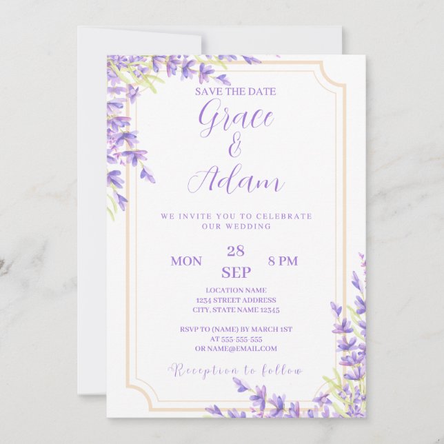 Save the date wedding invitation Lavander purple (Front)