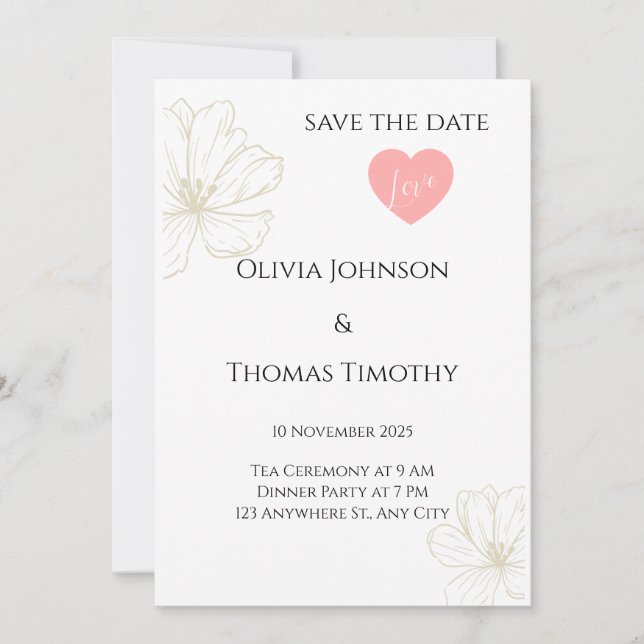 Save the Date Wedding Invitation, Minimalist Flora Invitation (Front)