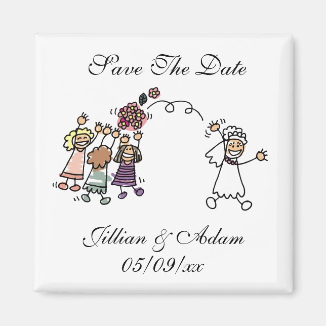 Save The Date Wedding Magnet Bride Throws Bouquet (Front)